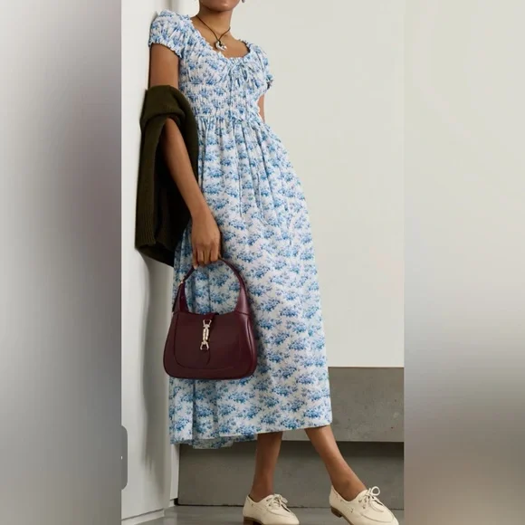 Doen Ashlynn Tie-detailed Shirred Floral dress, size S. US 2, new never worn. - Picture 2 of 9